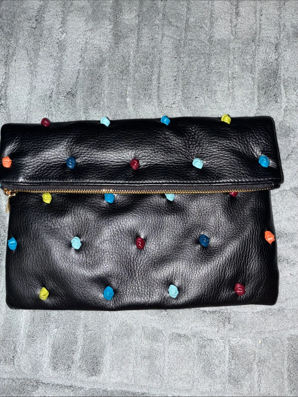 Black Fold-Over Clutch with Multicolored Stud Accents Tehra b